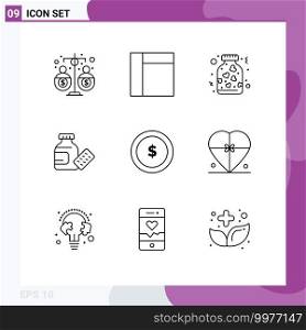 Modern Set of 9 Outlines Pictograph of finance, coin, jar, business, medicine Editable Vector Design Elements