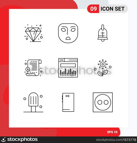 Modern Set of 9 Outlines Pictograph of flower, data, ball, analytics, medical report Editable Vector Design Elements