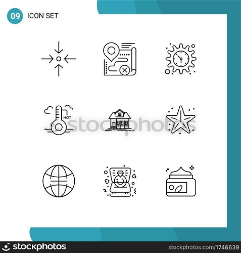 Modern Set of 9 Outlines Pictograph of house, update, gear, weather, temperature Editable Vector Design Elements