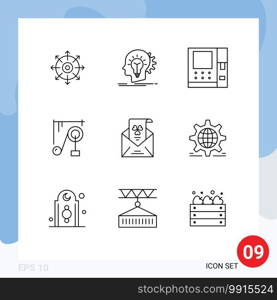Modern Set of 9 Outlines Pictograph of mail, science machine, thinking, science, device Editable Vector Design Elements