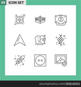 Modern Set of 9 Outlines Pictograph of mind, brain, contact, pointer, location Editable Vector Design Elements