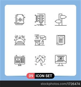 Modern Set of 9 Outlines Pictograph of paint brush, room, direction, hotel, bell Editable Vector Design Elements