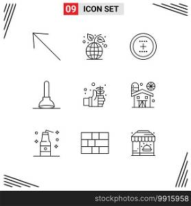 Modern Set of 9 Outlines Pictograph of safe, earth, circle, tool, plunger Editable Vector Design Elements