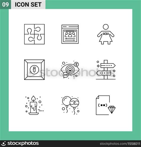 Modern Set of 9 Outlines Pictograph of seo, eye, web team, product, box Editable Vector Design Elements