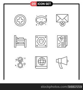 Modern Set of 9 Outlines Pictograph of socket, plug, message, energy, room Editable Vector Design Elements