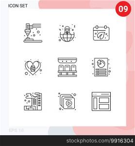 Modern Set of 9 Outlines Pictograph of train, love, earth, heart, easter Editable Vector Design Elements