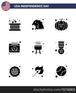 Modern Set of 9 Solid Glyphs and symbols on USA Independence Day such as badge; cook; festival; bbq; day Editable USA Day Vector Design Elements