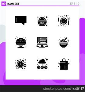 Modern Set of 9 Solid Glyphs and symbols such as cereals, design, reservation, screen, fast Editable Vector Design Elements