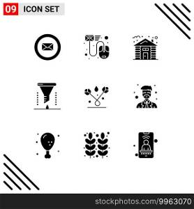 Modern Set of 9 Solid Glyphs and symbols such as decoration, filter, forest, chemical laboratory, chemical analysis Editable Vector Design Elements