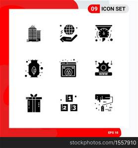 Modern Set of 9 Solid Glyphs and symbols such as design, gas, donate, energy, speedometer Editable Vector Design Elements