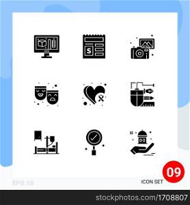 Modern Set of 9 Solid Glyphs and symbols such as heart, breast, photography, happy sad, roles Editable Vector Design Elements