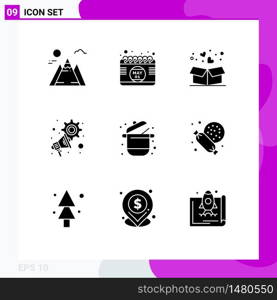 Modern Set of 9 Solid Glyphs and symbols such as karahi, settings, love, megaphone, advertising Editable Vector Design Elements