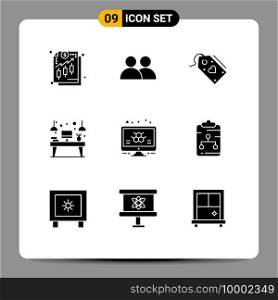 Modern Set of 9 Solid Glyphs and symbols such as monitor, workplace, tag, interior, offer Editable Vector Design Elements
