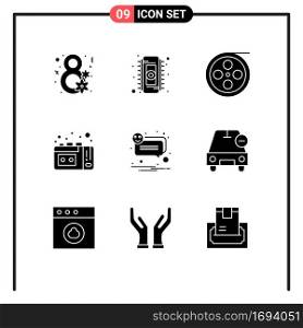 Modern Set of 9 Solid Glyphs and symbols such as notification, alert, camera, vhs tape, tape recording Editable Vector Design Elements