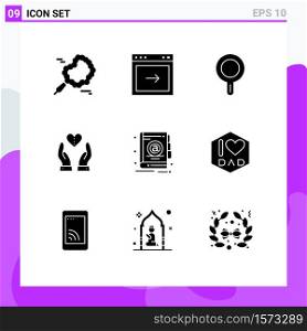 Modern Set of 9 Solid Glyphs and symbols such as office, address, pan, love, feelings Editable Vector Design Elements
