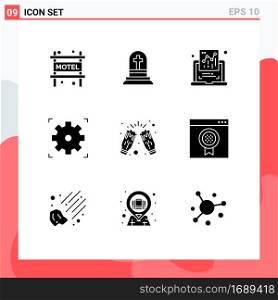 Modern Set of 9 Solid Glyphs and symbols such as party, cheers, document, celebrate, video Editable Vector Design Elements