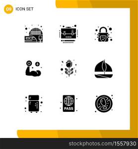 Modern Set of 9 Solid Glyphs and symbols such as rose, flower, encryption, muscle, hand Editable Vector Design Elements