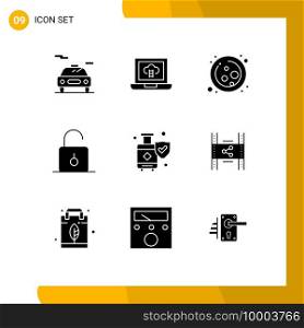 Modern Set of 9 Solid Glyphs and symbols such as shield, insurance, science, unlock, safety Editable Vector Design Elements