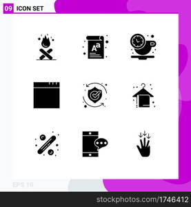 Modern Set of 9 Solid Glyphs and symbols such as shield, safety, break, protect, app Editable Vector Design Elements