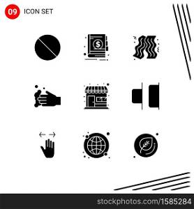 Modern Set of 9 Solid Glyphs and symbols such as shop, market, bacon, wash, hand Editable Vector Design Elements