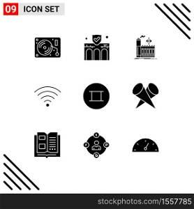 Modern Set of 9 Solid Glyphs Pictograph of beliefs, wifi, property, signal, smoke Editable Vector Design Elements