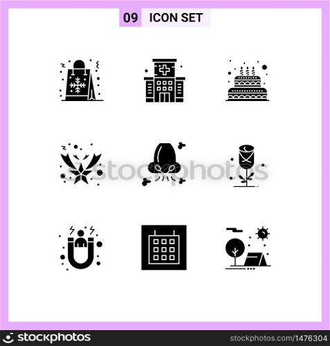 Modern Set of 9 Solid Glyphs Pictograph of breathe, star, building, fallen, candle Editable Vector Design Elements
