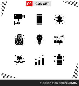 Modern Set of 9 Solid Glyphs Pictograph of bulb, newsletter, huawei, email, leaf Editable Vector Design Elements