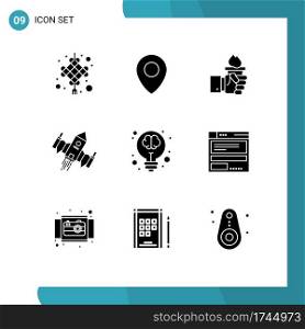 Modern Set of 9 Solid Glyphs Pictograph of bulb, space, hand, ship, spacecraft Editable Vector Design Elements