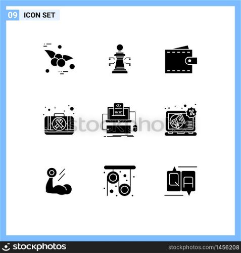 Modern Set of 9 Solid Glyphs Pictograph of coding, medical, finance, case, first aid Editable Vector Design Elements
