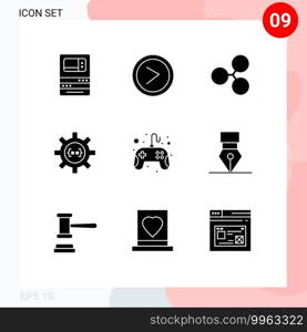 Modern Set of 9 Solid Glyphs Pictograph of control pad, development, user, develop, coding Editable Vector Design Elements