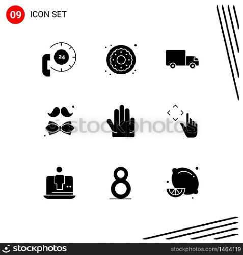 Modern Set of 9 Solid Glyphs Pictograph of day, tie, sweets, dress, truck Editable Vector Design Elements
