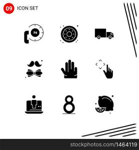 Modern Set of 9 Solid Glyphs Pictograph of day, tie, sweets, dress, truck Editable Vector Design Elements
