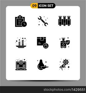 Modern Set of 9 Solid Glyphs Pictograph of delivery, light, tube, india, candles Editable Vector Design Elements