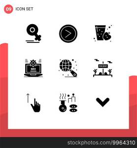 Modern Set of 9 Solid Glyphs Pictograph of globe, setting, drink, web, seo Editable Vector Design Elements