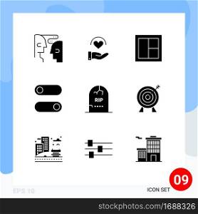 Modern Set of 9 Solid Glyphs Pictograph of grave, toggle, frame, switch, wooden Editable Vector Design Elements