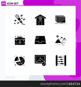 Modern Set of 9 Solid Glyphs Pictograph of mail, care, layout, medical, case Editable Vector Design Elements