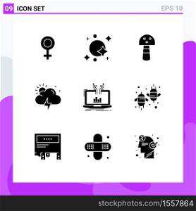 Modern Set of 9 Solid Glyphs Pictograph of online, analytical, food, analysis, weather Editable Vector Design Elements