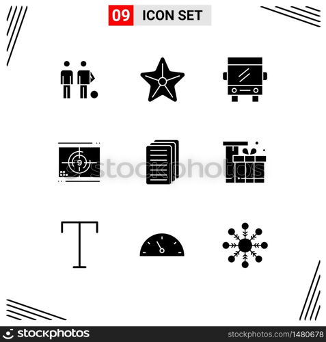 Modern Set of 9 Solid Glyphs Pictograph of premiere, numbers, starfish, movie, travel Editable Vector Design Elements