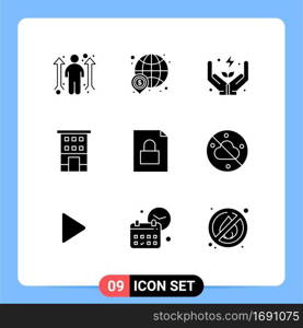 Modern Set of 9 Solid Glyphs Pictograph of shops, house, world, buildings, care Editable Vector Design Elements