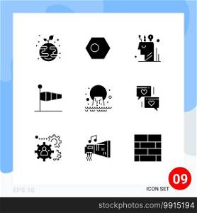 Modern Set of 9 Solid Glyphs Pictograph of speed, blow, flag, air, user Editable Vector Design Elements