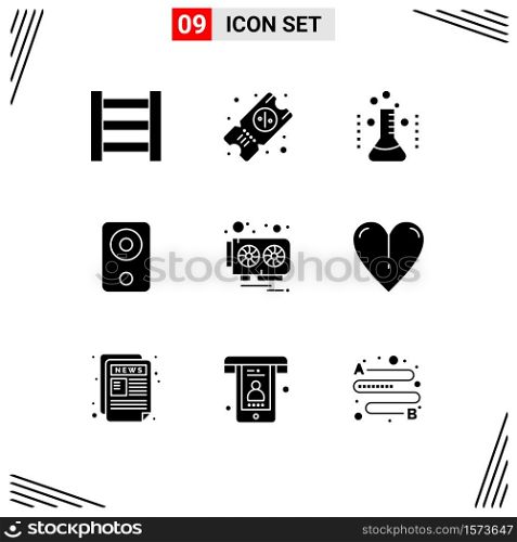 Modern Set of 9 Solid Glyphs Pictograph of video card, hardware, medical, card, hardware Editable Vector Design Elements
