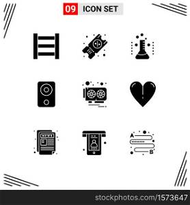 Modern Set of 9 Solid Glyphs Pictograph of video card, hardware, medical, card, hardware Editable Vector Design Elements