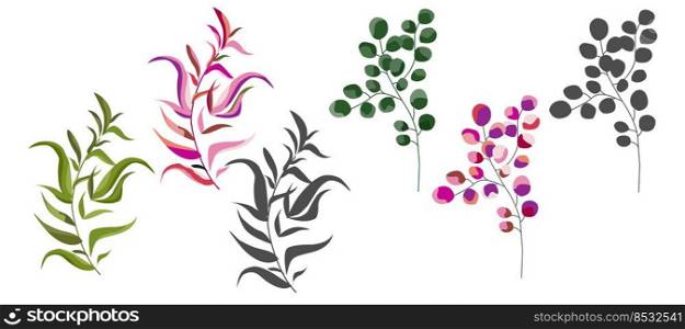 Modern set of abstract plant elements, minimal design, color options, vector illustration