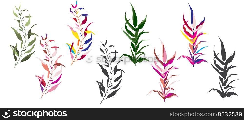 Modern set of abstract plant elements, minimal design, stylish colors, vector illustration
