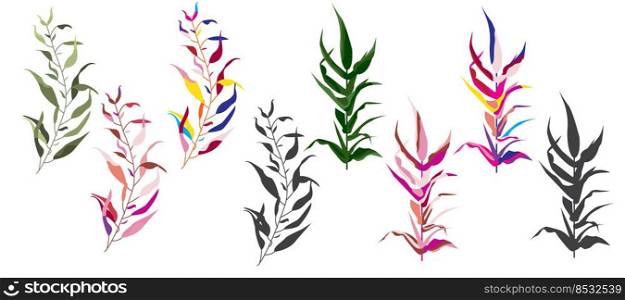 Modern set of abstract plant elements, minimal design, stylish colors, vector illustration