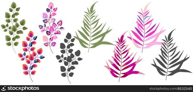 Modern set of abstract plant elements, minimal design, various styles, vector illustration