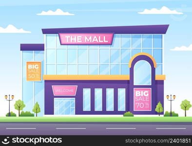 Modern Shopping Mall Building Background Illustration with Exterior and Various Shops Inside in Flat Style Design