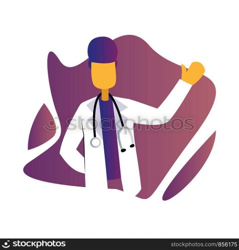 Modern simple vector occupation illustration of a male doctor with stetoscope inside a purple graphic on white background