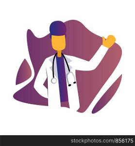 Modern simple vector occupation illustration of a male doctor with stetoscope inside a purple graphic on white background