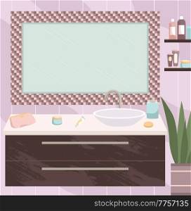 Modern sink table and a mirror tiled around flat vector illustration.. Bathroom interior design concept. Empty bath room. Items for skin and hair care. Care products on a table with lockers. Modern sink table and a mirror tiled around flat vector illustration. Bathroom interior design